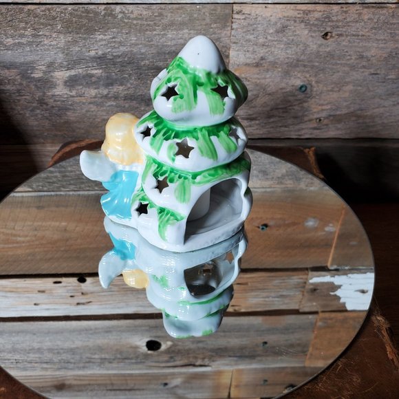 Ceramic Glazed Christmas Tree & Angel Tealight Holder  - Handpainted - Picture 3 of 5